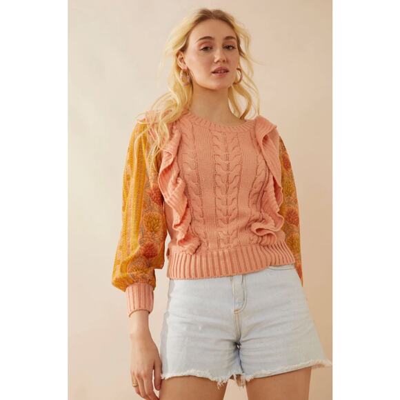 NWT Boutique Boho Peach Ruffled Mixed Media Sweater by Bohera - Picture 1 of 6